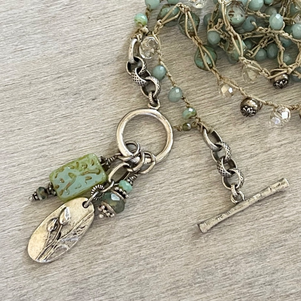 ARTISAN OOAK Sea Green Beaded Crocheted Necklace with Specialty Accents & Charms - Picture 6 of 11